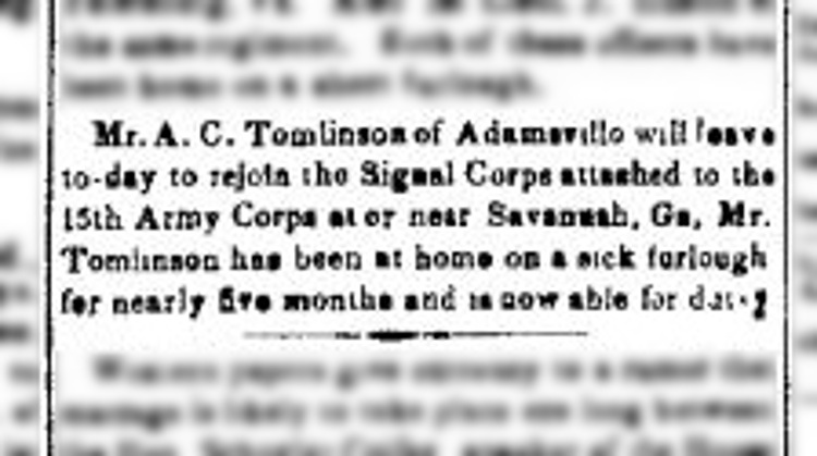 Reference to A.C. Tomlinson's service in the Signal Corps during the Civil War from a Zanesville, Ohio newspaper, January 1865. (Source: newspaperarchive.com)