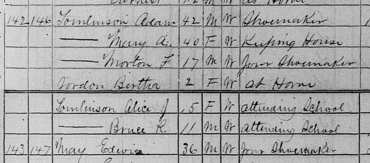The Tomlinson family recorded on the 1870 census for Adamsville, Muskingum County, Ohio. (Source: familysearch.org)