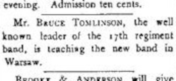 Early reference in a Coshocton, Ohio newspaper to Robert Bruce Tomlinson as a band leader, December 1886. (Source: newspaperarchive.com)