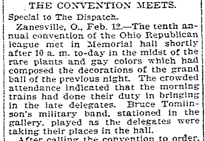 Reference in a Columbus, Ohio newspaper to Robert Bruce Tomlinson as a band leader, February 1897. (Source: newspaperarchive.com)