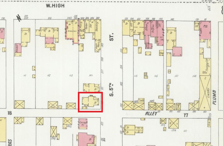 The location of Jonas Warner's home on the 1901 Sanborn Map of New Philadelphia, Ohio where he lived after his wife's death. (Source: loc.gov)