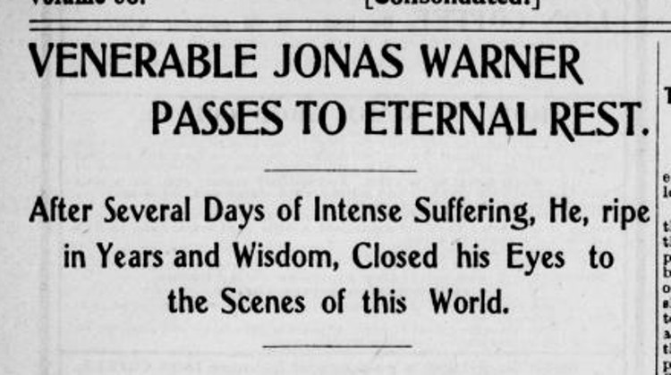 The death of Jonas Warner reported in the New Philadelphia, Ohio newspaper, June 1905. (Source: newspaperarchive.org)