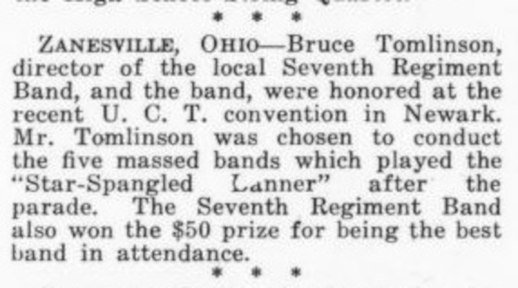 Reference in a 1917 issue of Musical America to Robert Bruce Tomlinson as a band leader, June 1917. (Source: archive.org)