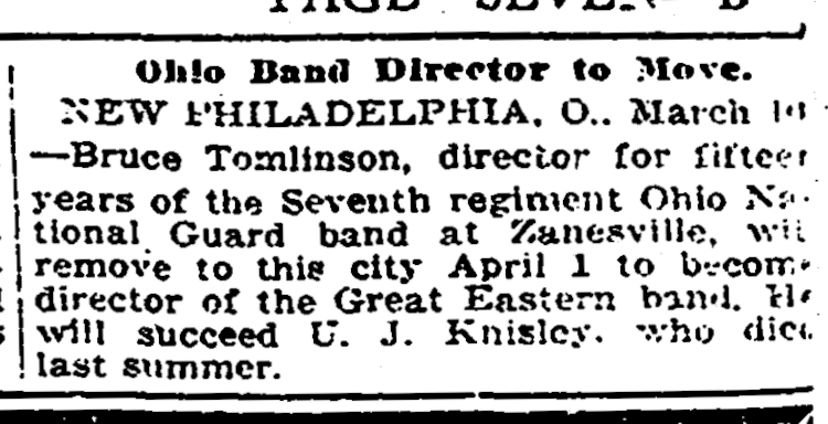 Reference in a Cleveland, Ohio newspaper to Robert Bruce Tomlinson appointment with the Great Eastern Band in New Philadelphia, Ohio, March 1923. (Source: genealogybank.com)