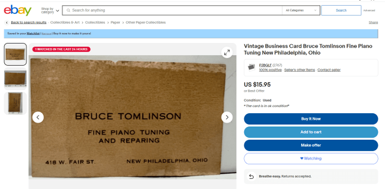 Bruce Tomlinson's c. 1925 business card listed for sale on eBay, 2024 (Source: ebay.com)