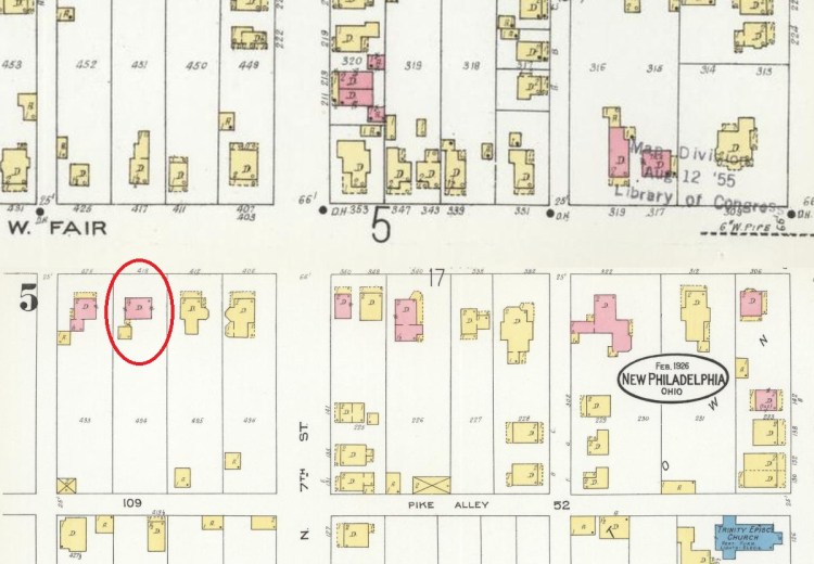 The house then listed as 418 West Fair as seen on the 1926 Sanborn Fire Insurance Map of New Philadelphia, Ohio. (Source: loc.gov)