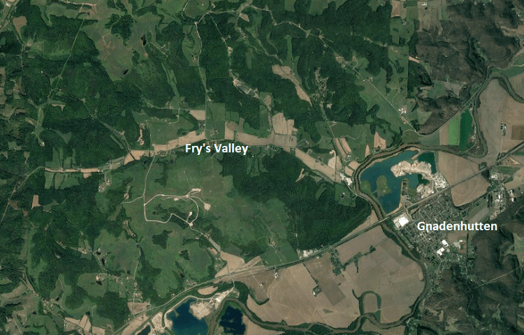 Fry's Valley was the original settlement area of Daniel Warner upon his arrival in Tuscarawas County, Ohio, 2024. (Source: google.com)