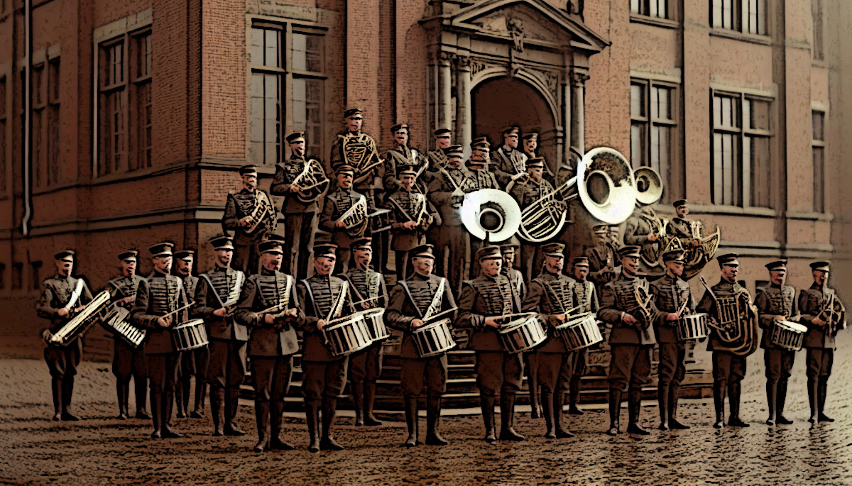 AI generated image of a 1920s era band standing on the steps of a building, 2024. (Source: Microsoft Copilot)
