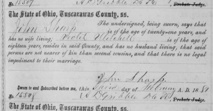 The marriage of John Sharp and Violet Mitchell recorded in the Tuscarawas County Marriage Records, February 1881. (Source: familysearch.org)