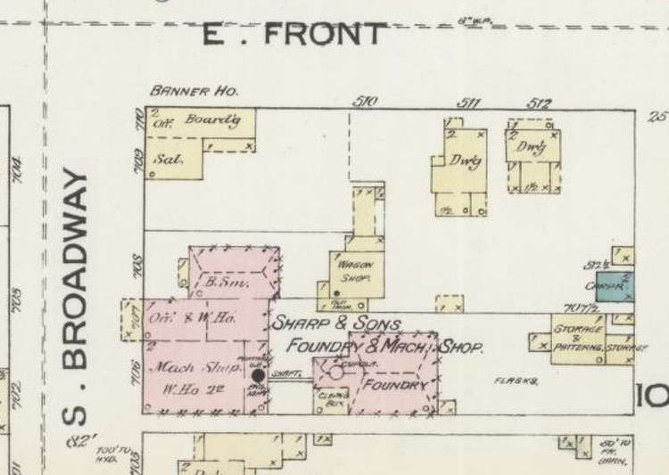 The Sharp & Sons Foundry and Machine Shop depicted on the 1887 Sanborn Fire Insurance Map for New Philadelphia, Ohio. (Source; loc.gov)