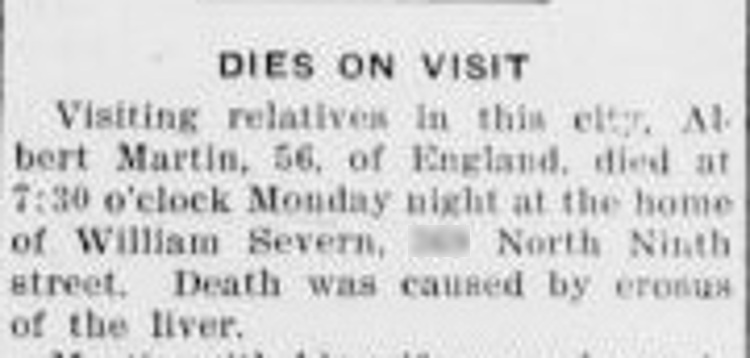 New Philadelphia, Ohio newspaper article on the death of Albert Martin, August 1914. (Source: newspaperarchive.com)