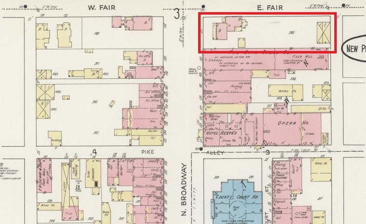 The "Custer Property" on the southeast corner of North Broadway and East Fair Street as it appeared on the 1914 Sanborn Fire Insurance Map for New Philadelphia, Ohio. (Source: loc.gov)