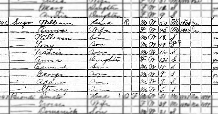 The family of William and Emma Sago recorded in the 1920 Census for Westmoreland County, Pennsylvania. (Source: familysearch.org)