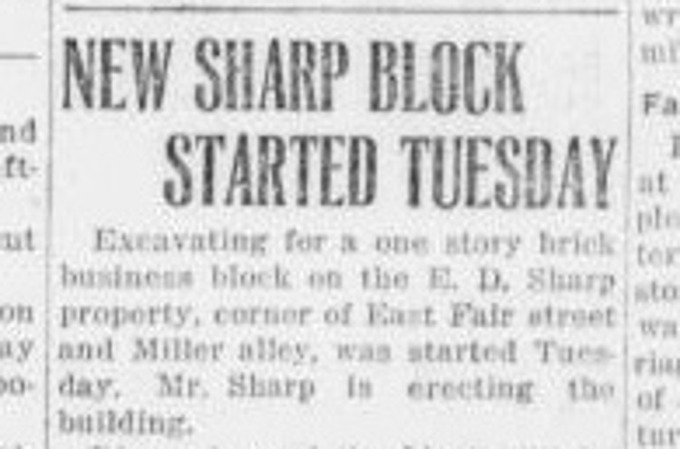 Newspaper article detailing the construction of the Sharp building on East Fair, July 1922. (Source: newspaperarchive.com)