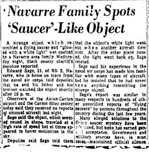 Newspaper article in the Massillon, Ohio newspaper recounting Edward Sago's experience the night of September 22, 1954. (Source: newspaperarchive.com)