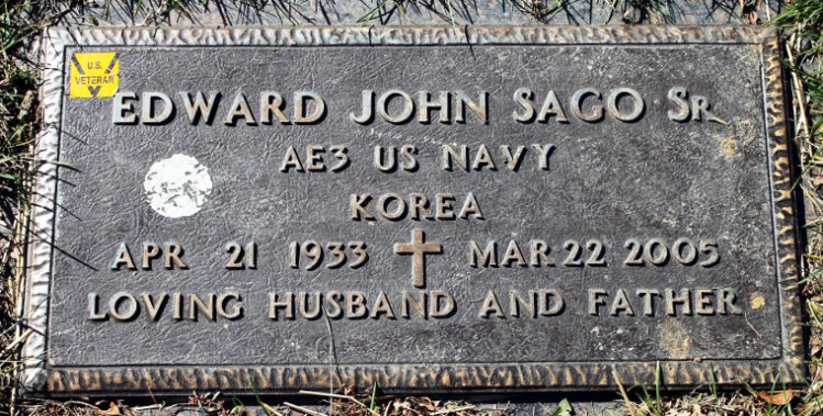 Edward J. Sago's headstone at Sunset Hills Memory Gardens, North Canton, Ohio, 2017. (Source: findagrave.com)