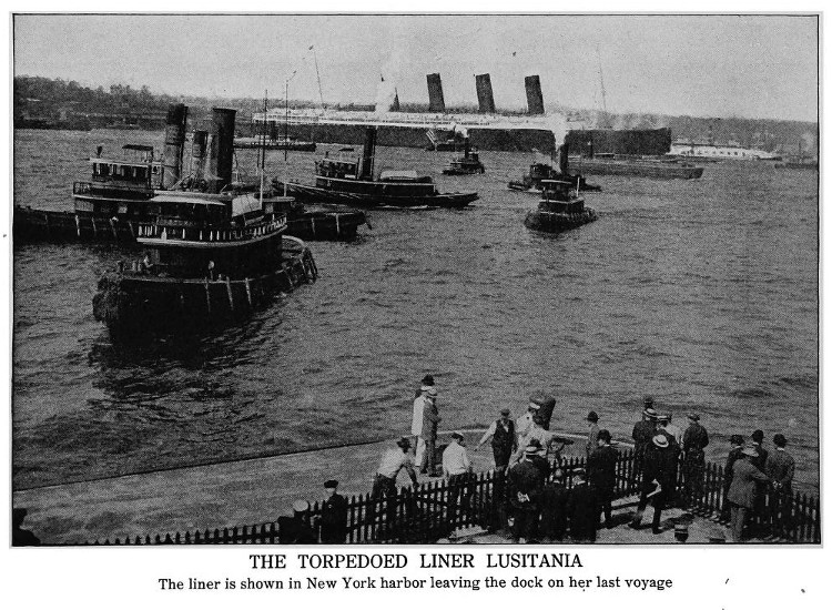 Photograph of the RMS Lusitania departing New York, May 1915. (Source: archive.org)
