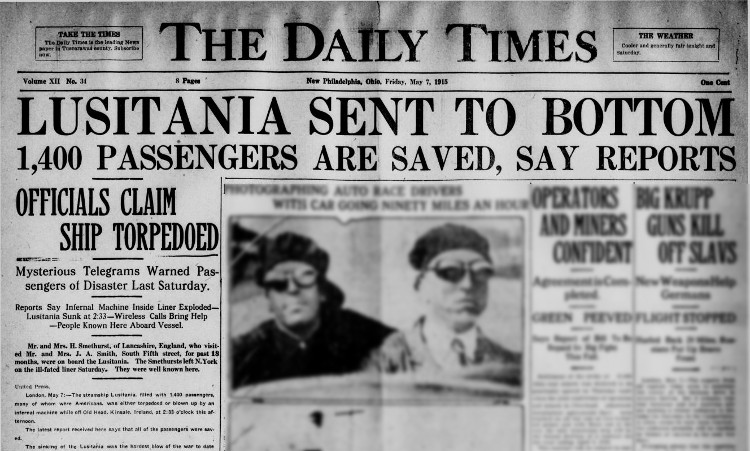 Newspaper headline in the New Philadelphia, Ohio newspaper reporting the sinking of the RMS Lusitania, 7 May 1915. (Source: newspaperarchive.com)