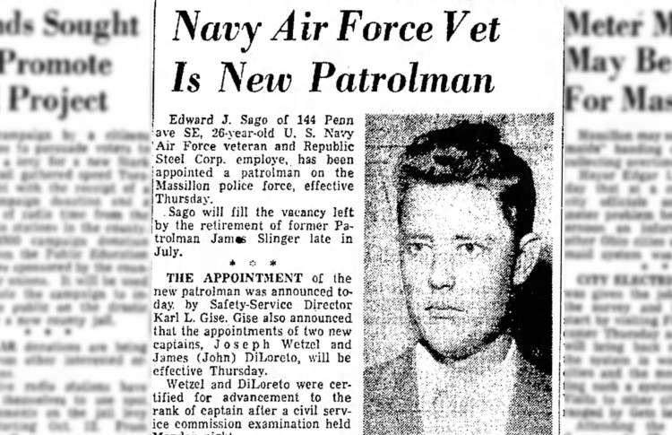 Newspaper article in the Massillon, Ohio newspaper announcing Edward Sago joining the Massillon Police Department, September 1959. (Source: newspapers.com)