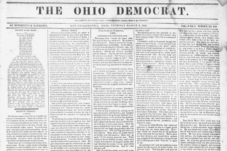 Front page of New Philadelphia's The Ohio Democrat newspaper restarted in part by Maj. Charles H. Mathews, March 1842. (Source: newspaperarchive.com)