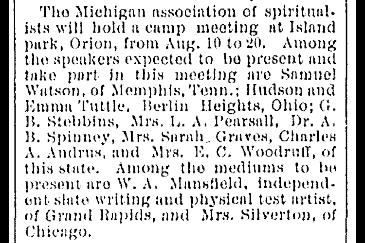 Early reference to William A. Mansfield as a slate writing medium in a Saginaw, Michigan newspaper, July 1883.