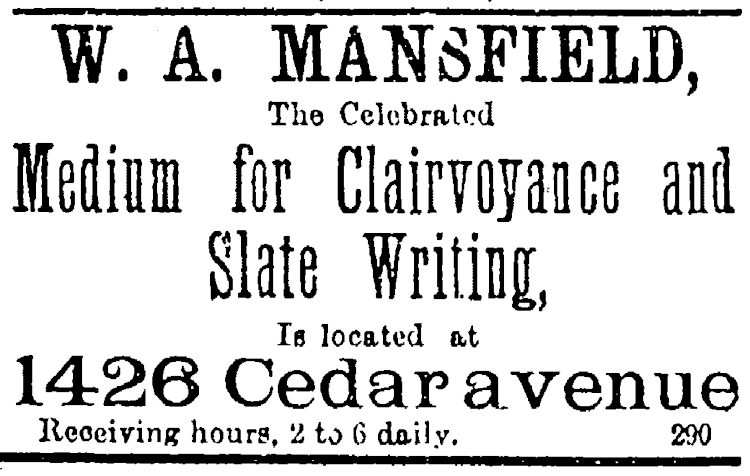 William A. Mansfield advertising his abilities in a Cleveland, Ohio newspaper, October 1892. (Source: genealogybank.com)