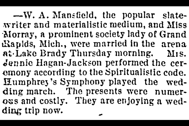William A. Mansfield's marriage to Lenno Moray reported in the newspaper, July 1893. (Source: genealogybank.com)