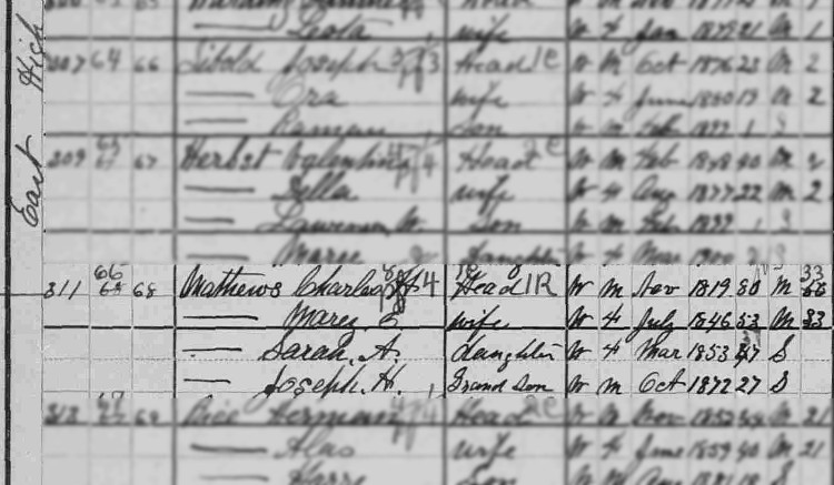 The Mathews family recorded on the 1900 Census for New Philadelphia, Ohio. (Source: familysearch.org)