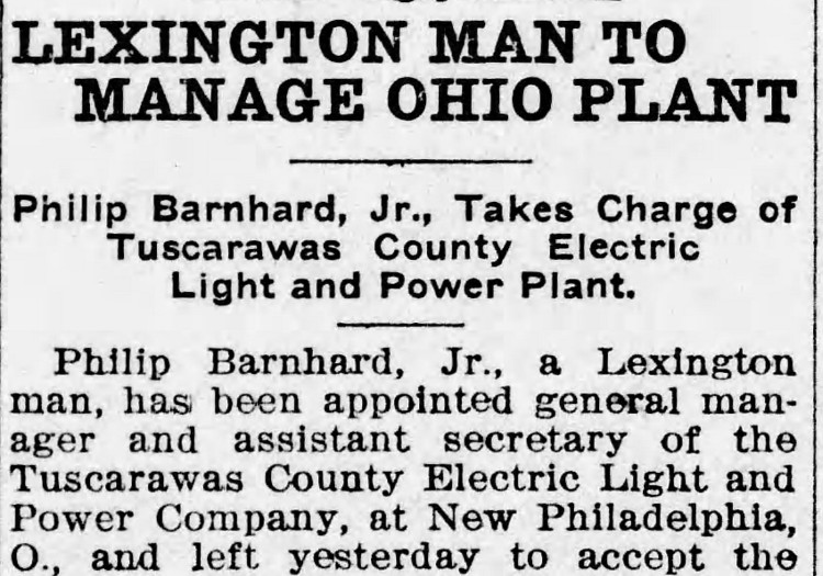 Article in the Lexington, Kentucky newspaper announcing Philip Barnhard's appointment to his job in New Philadelphia, Ohio, May 1907. (Source: genealogybank.com)