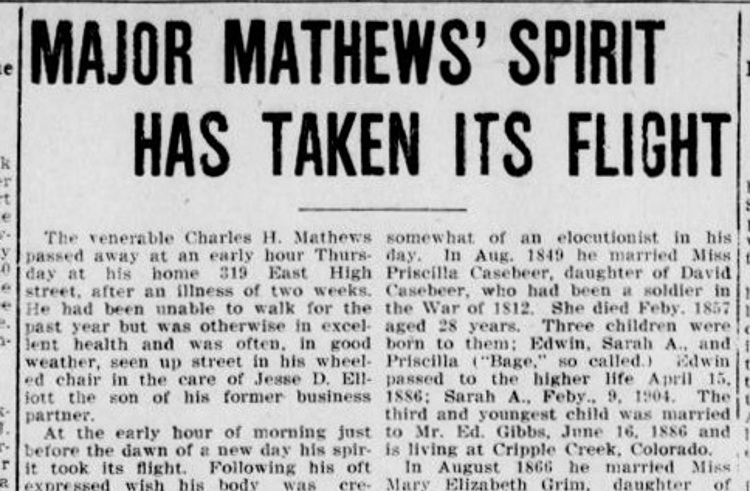 Detail from Maj. Charles H. Mathews obituary in the New Philadelphia, Ohio newspaper, April 1908. (Source: newspaperarchive.com)