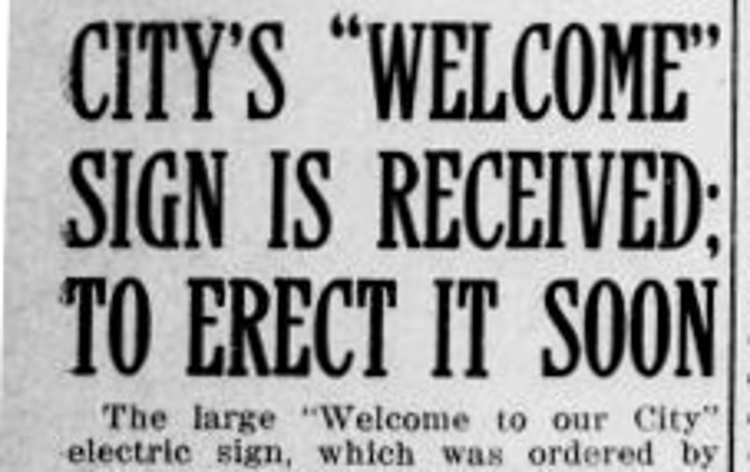 Headline in the New Philadelphia, Ohio newspaper announcing that the finished sign had arrived, September 1912. (Source: newspaperarchive.com)