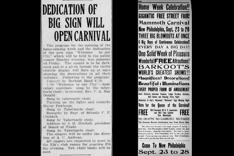 The Home Week Celebration promoted in the New Philadelphia, Ohio newspaper, September 1912. (Source: newspaperarchive.com)
