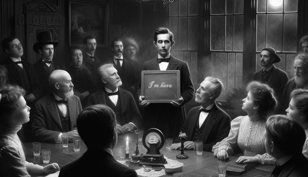 AI generated image of a slate writer holding a seance at a home in the 1890s, 2024. (Source: Microsoft CoPilot)