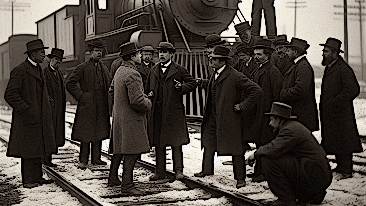 AI image depicting a confrontation of competing railroad employees at a railroad crossing in Dover, Ohio in 1903. (Source: Microsoft CoPilot)