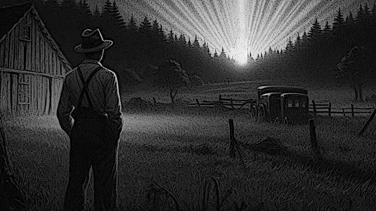 AI generated image depicting Max Pritchard viewing a bright light emanating from the forest floor near his farm in Dover Township, Tuscarawas County, Ohio, 2024. (Source: Microsoft Designer)