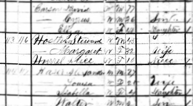Alice Hurrell (Hostler) recorded living with her Uncle and Aunt in Dover, Ohio in 1880. (Source: familysearch.org)