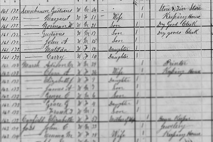 The Senhauser family recorded on the 1880 census for New Philadelphia, Ohio. (Source: familysearch.org)