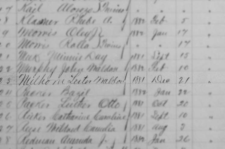 Lester Milhorn's birth recorded in the Tuscarawas County records, December 1881. (Source: familysearch.org)
