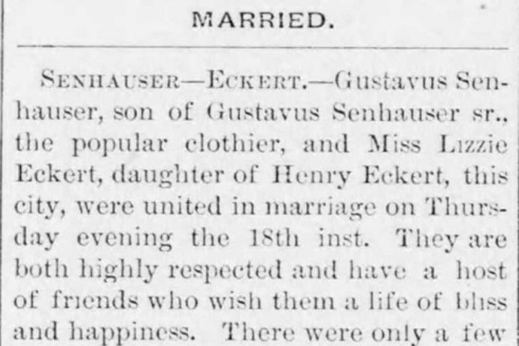 Marriage announcement for Gustavus Senhauser, Jr. and Elizabeth Eckert in a New Philadelphia, Ohio newspaper, November 1886. (Source: newspaperarchive.com)