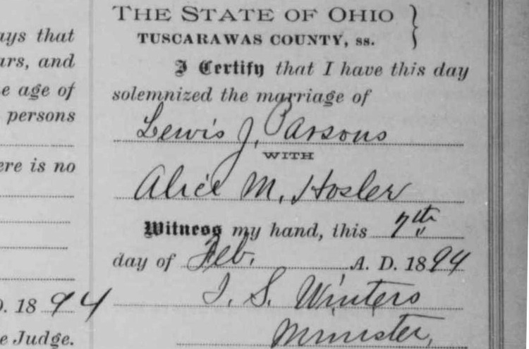 The marriage of Lewis Parsons and Alice Hostler recorded in the Tuscarawas County records, February 1894. (Source: familysearch.org)