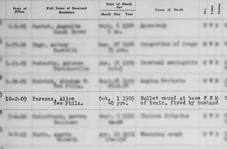 Alice Parsons' death at the hands of Lewis Parsons recorded in the Tuscarawas County records, October 1909. (Source: familysearch.org)