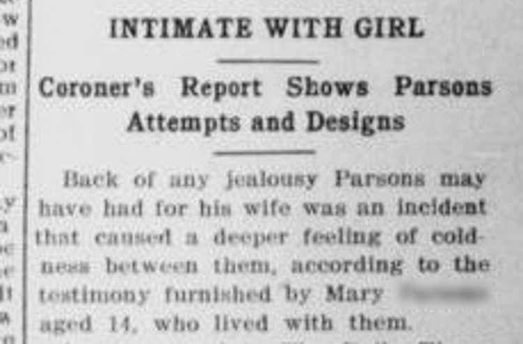 New Philadelphia, Ohio newspaper headline and story reporting on Lewis Parsons' alleged behavior towards one of Alice's nieces, October 1909. (Source: newspaperarchive.com)