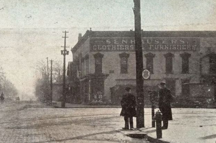 Detail from a postcard of the Courthouse Square in New Philadelphia, Ohio showing the Senhauser store on the southwest corner of the square, c. 1909. (Source: ebay.com)