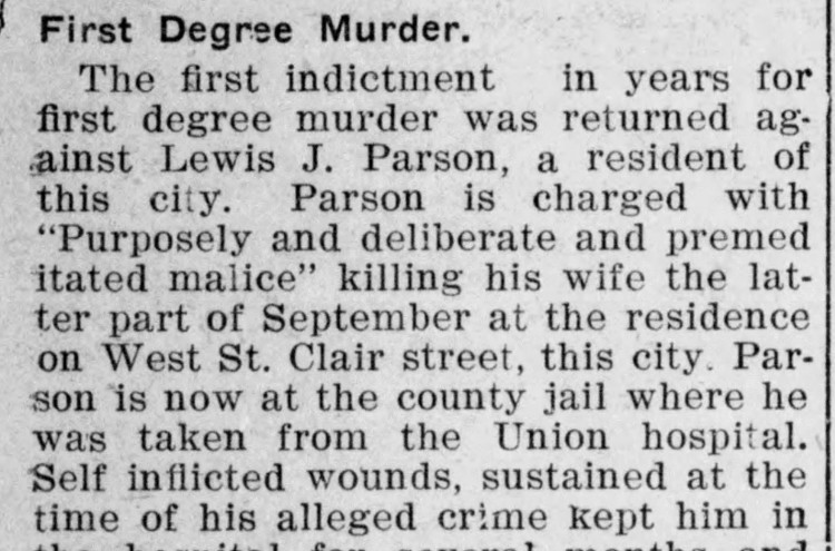 New Philadelphia, Ohio newspaper headline and story reporting that Lewis Parsons was charged with first degree murder, January 1910. (Source: newspapers.com)