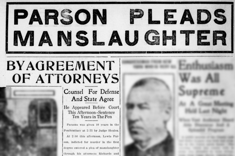 New Philadelphia, Ohio newspaper headline and story reporting that Lewis Parsons plead guilty to the lesser charge of manslaughter, February 1910. (Source: newspapers.com)