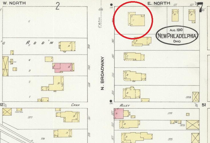 The Senhauser house depicted on the 1910 Sanborn Map for New Philadelphia, Ohio. (Source: loc.gov)