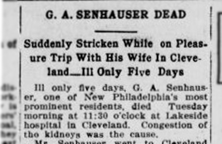 The death of Gustavus A Senhauser reported in the New Philadelphia, Ohio newspaper, November 1911. (Source: newspaperarchive.com)
