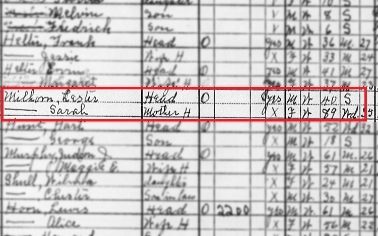 Lester Milhorn and his mother Sarah recorded on the 1930 Census (Source: familysearch.org)