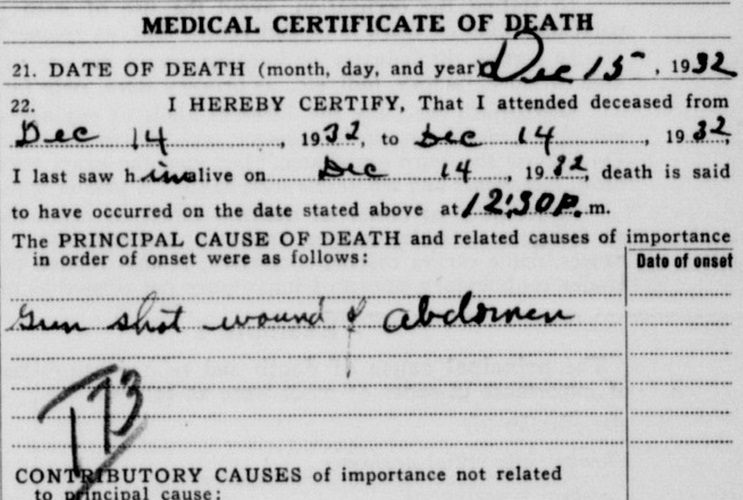 Detail from Lester Milhorn's death certificate, December 1932. (Source: familysearch.org)