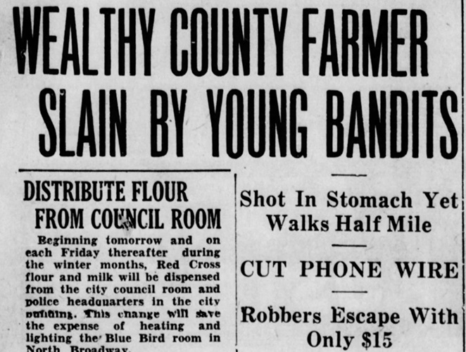 Headline for an article that appeared in the New Philadelphia, Ohio newspaper about the murder of Lester Milhorn, December 1932. (Source: newspapers.com)
